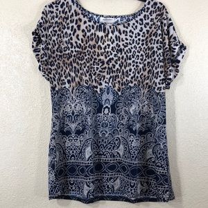 Ace Fashion Top Blouse Navy Blue Tan L NWT